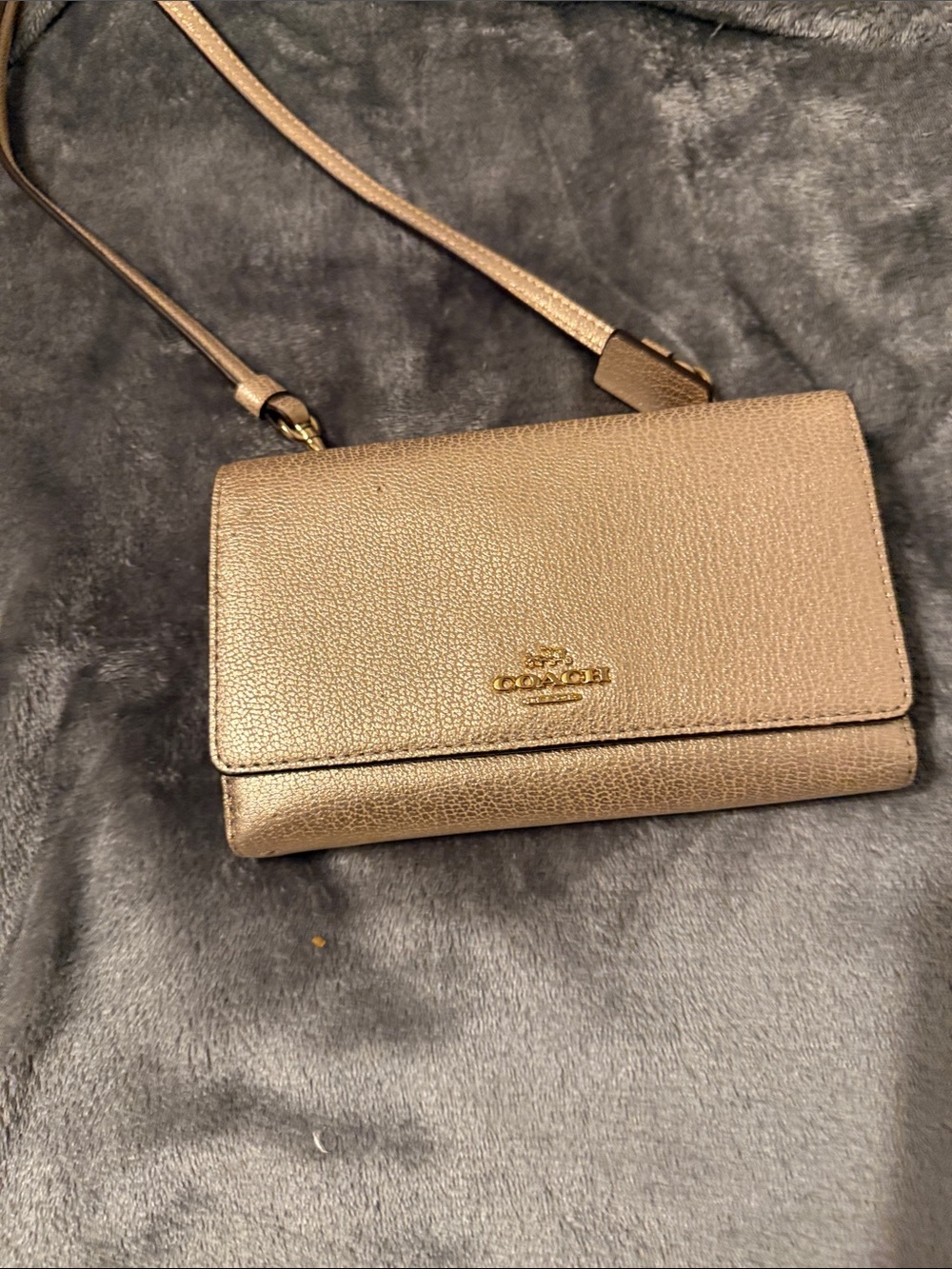 Coach Metallic Taupe Leather Crossbody with Gold Logo